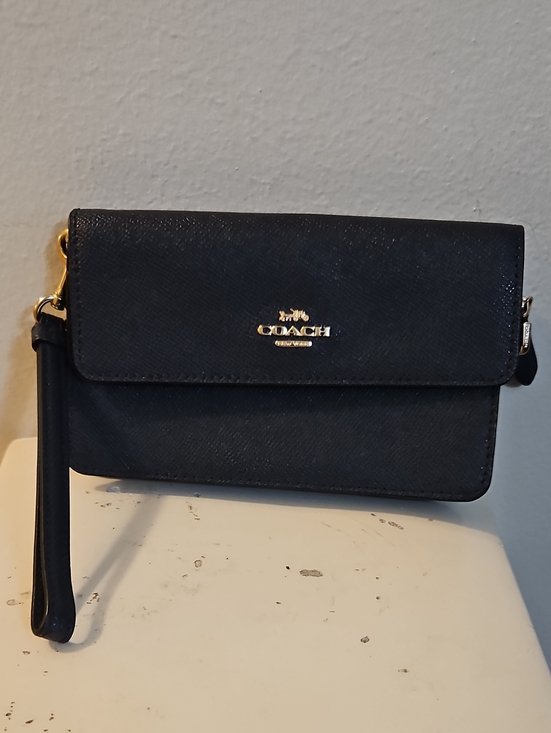 Coach Handbags - Coach Blue Saffiano Leather Wristlet Clutch with Gold Logo